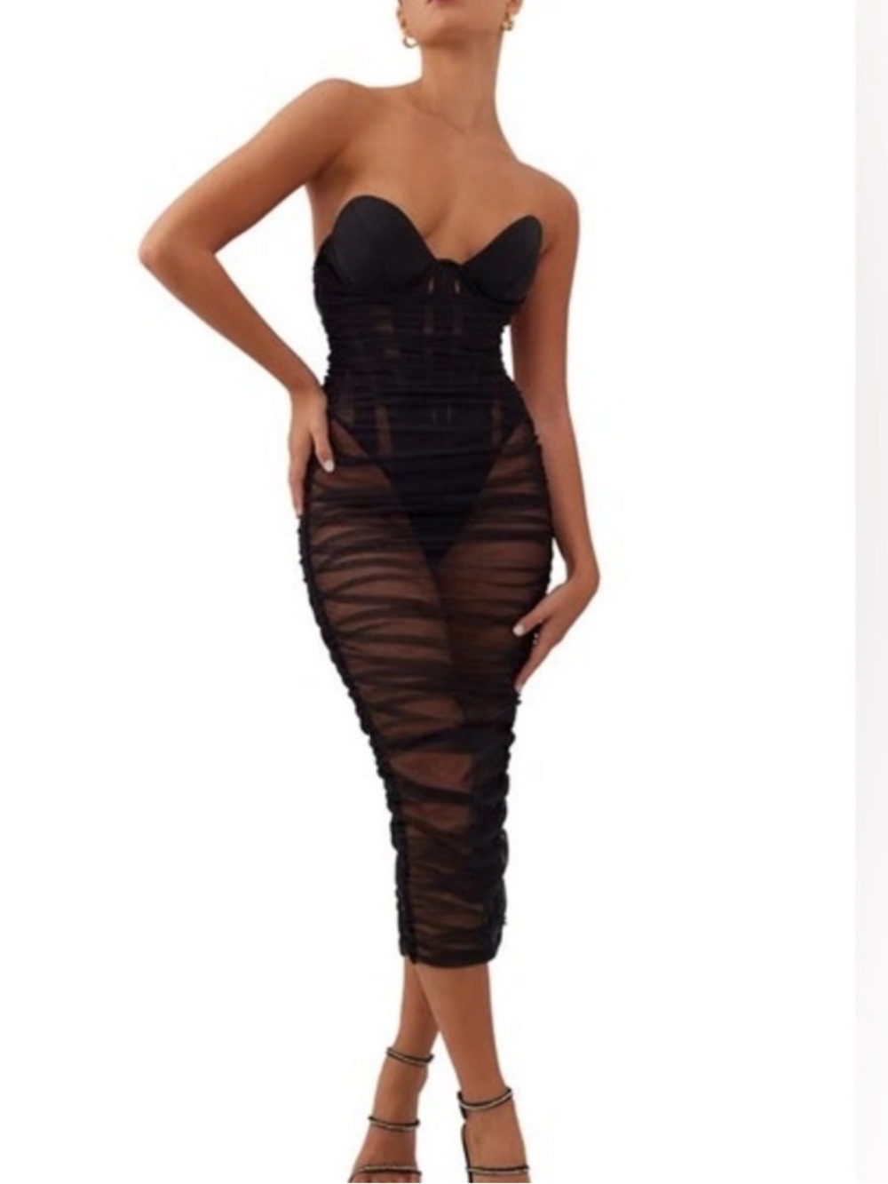 Strapless Black Ruched Sheer Midi Dress